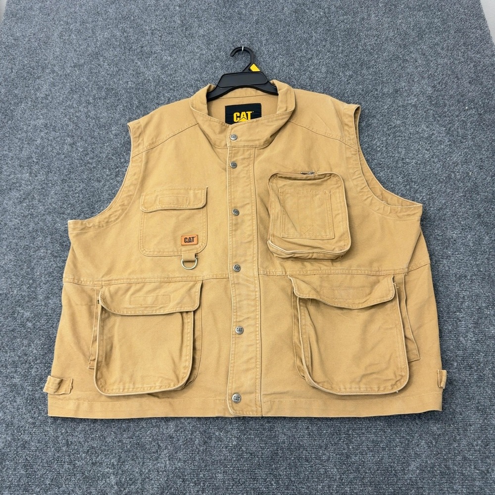CAT Vest Mens XXL Brown Cotton Canvas Multi Pocket Patch Utility Workwear Style